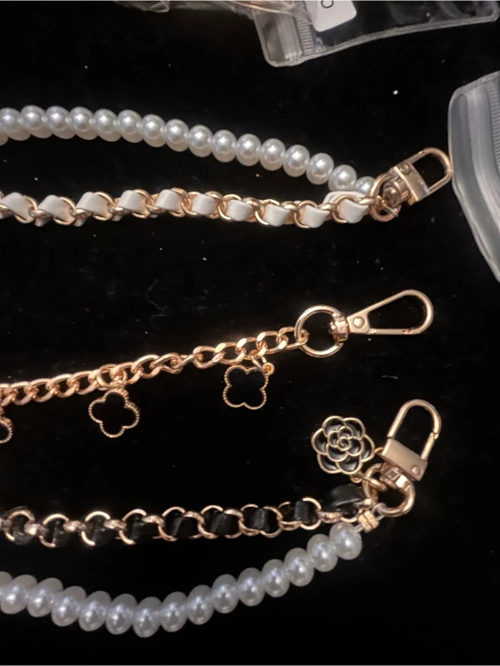 Pearl and Gold-Tone Chain Strap with Clover Charms for Purses/Bags